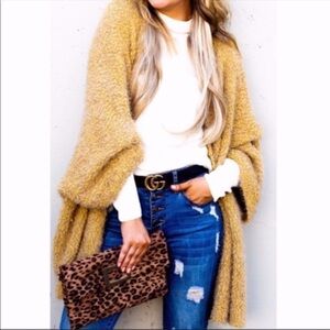 Oversized Fuzzy Long Cardigan Blue Tan Soft Comfortable Sweater Jacket S/M Boho